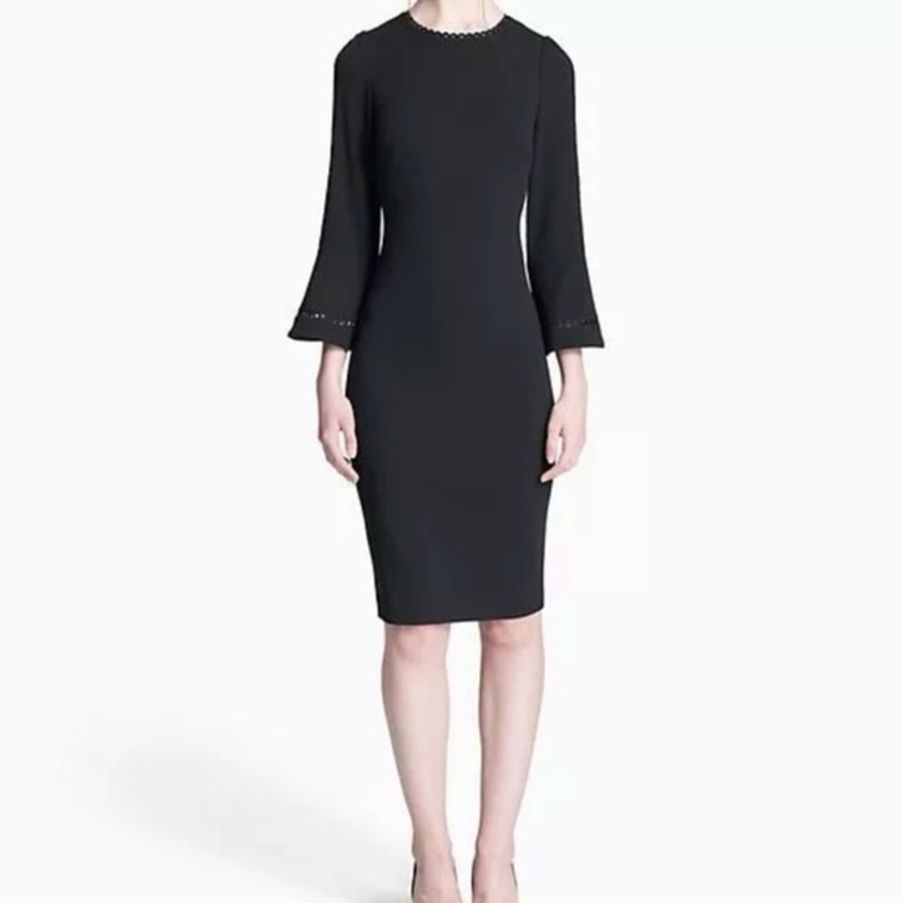 Calvin Klein Black Lace Trim Bell Sleeve Sheath Dress Size 6